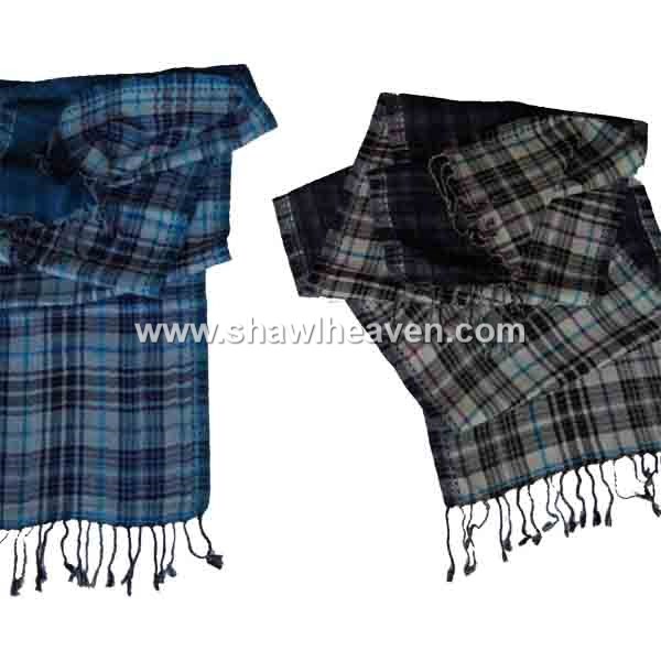 Blue and black brushed wool check neck-wraps, muffler